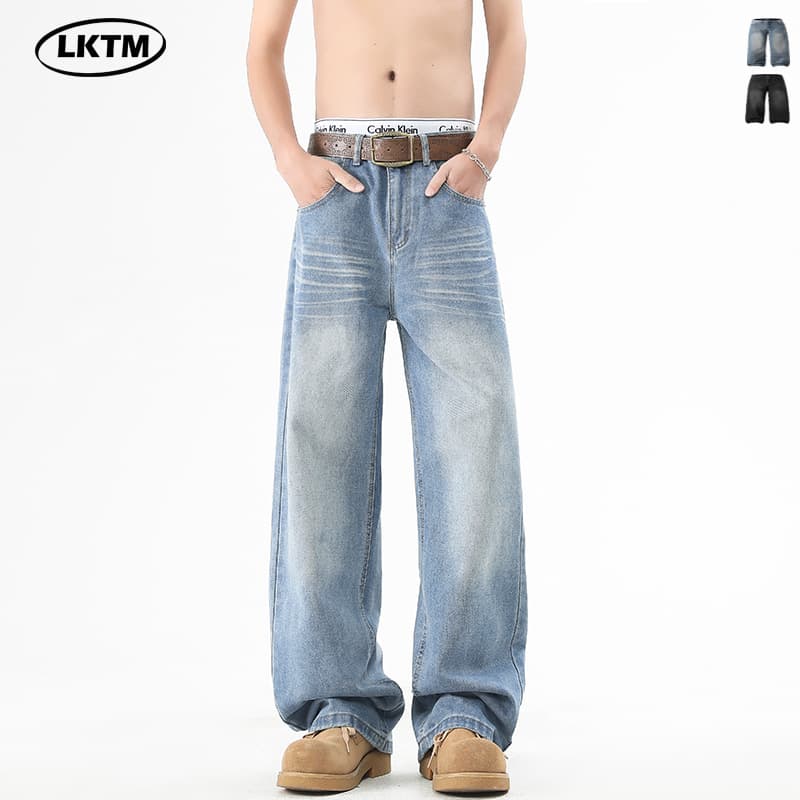 LKTM Men's American Washed Whisker Light Blue Jeans Unisex Cleanfit Straight Loose Casual Pants