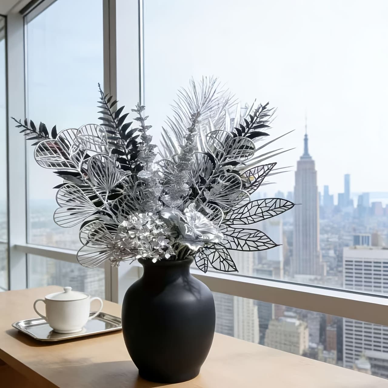 Custom Artificial Floral Arrangement Light Luxury Silver Leaf Glitter Dreamy Floral Space Decor Store Display Wedding Home Decoration
