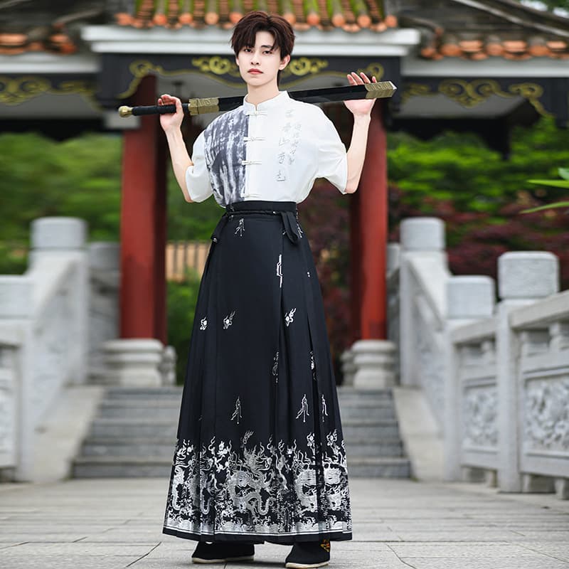 **Real Shot Summer New Chinese Style Stand Collar National Embroidery Short Sleeve Button-Up Top Shirt Gold Foil Printed Horse Face Skirt Hanfu