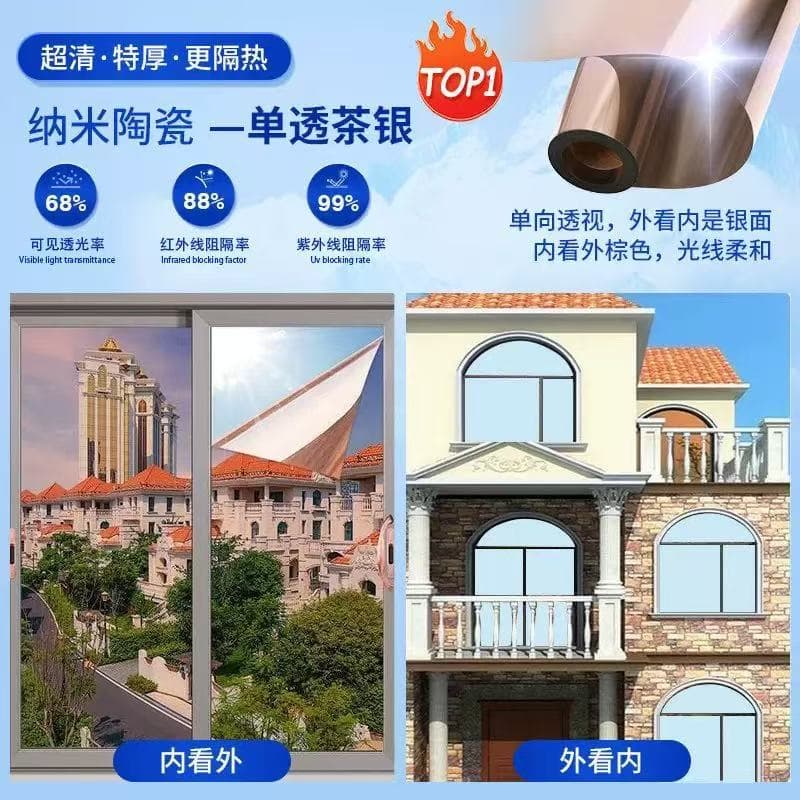 Window Sun Protection One-Way Privacy Heat Insulation Film, Static Cling No-Glue Glass Film, Sun Control Film for Home, Mall, and Balcony Shading