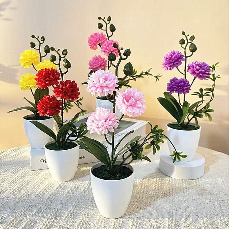 Factory wholesale three small chrysanthemum artificial flower potted plants for living room home decoration, plastic fake flowers, desktop green plant ornaments