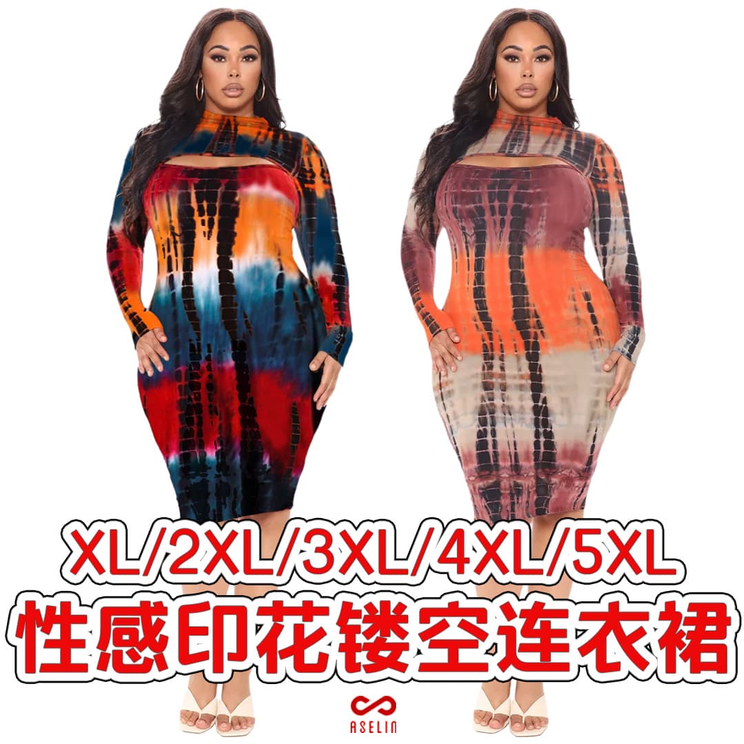 AP7038 Amazon US/EU Plus Size Fashion Women's Cross-Border Nightclub Sexy Tie-Dye Print Hollow Out Dress