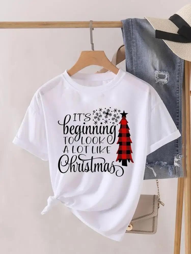 Women's Printed T-Shirt Christmas Holiday Top Fashion Lady New Year
