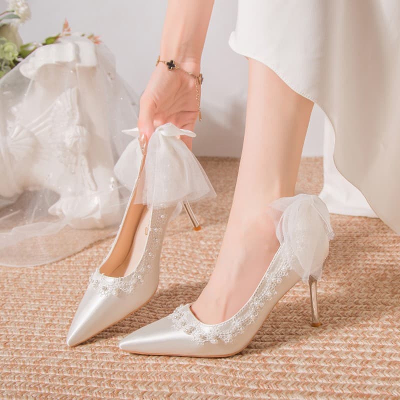 White Satin Wedding Shoes for Bride, New Bow Main Wedding Dress High Heels, Engagement French Style Bridesmaid Shoes