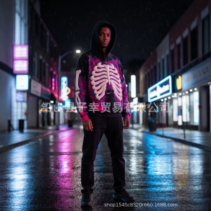 Y2K Dark Style 3D Printed 3D Bone Hoodie Purple Pink Lightning American Retro High Street Couple Hoodie