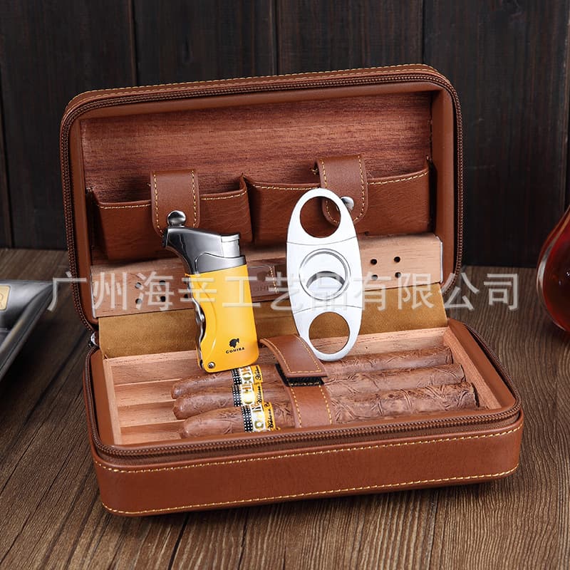 Portable Cigar Case Set with Lighter and Cigar Cutter, Genuine Leather Lined with Cedar Wood Cigar Travel Bag