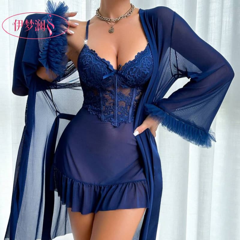 Yimenglan Cross-border Women's Sexy Lingerie Sleepwear Lace Sheer Seductive Nightgown with Lace Trim and Camisole Set