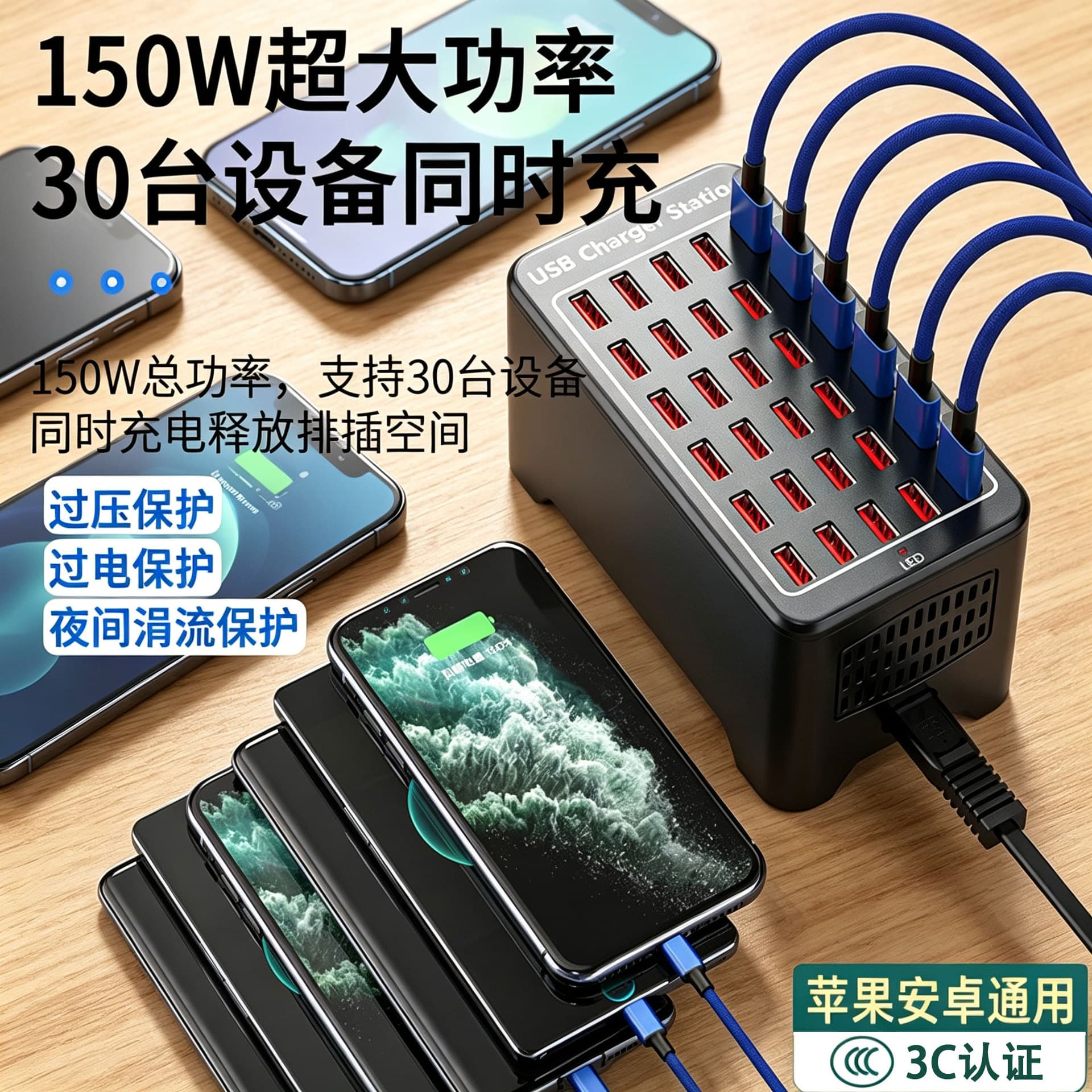 Premium 150W Multi-Port Charger 10-Port 15-Port 20-Port 30-Port 1A 2A Phone Desktop Charging Station High Power