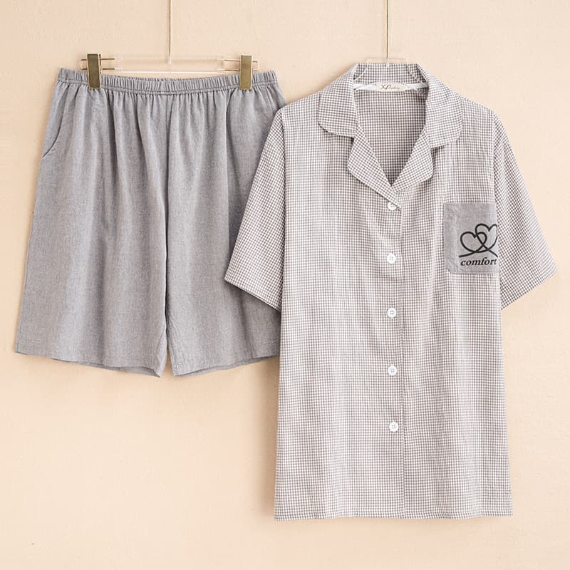 Summer Plus Size Pajamas for Women, Lapel Cardigan, Plaid Short-Sleeved Shorts, Home Clothes, Men's Loose Casual Suits, Couple Models