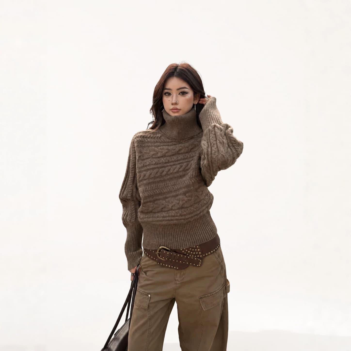 Pokiovo High Neck Thick Short Sweater for Women Winter Layered True Two-Piece Detachable Scarf Design Knitwear