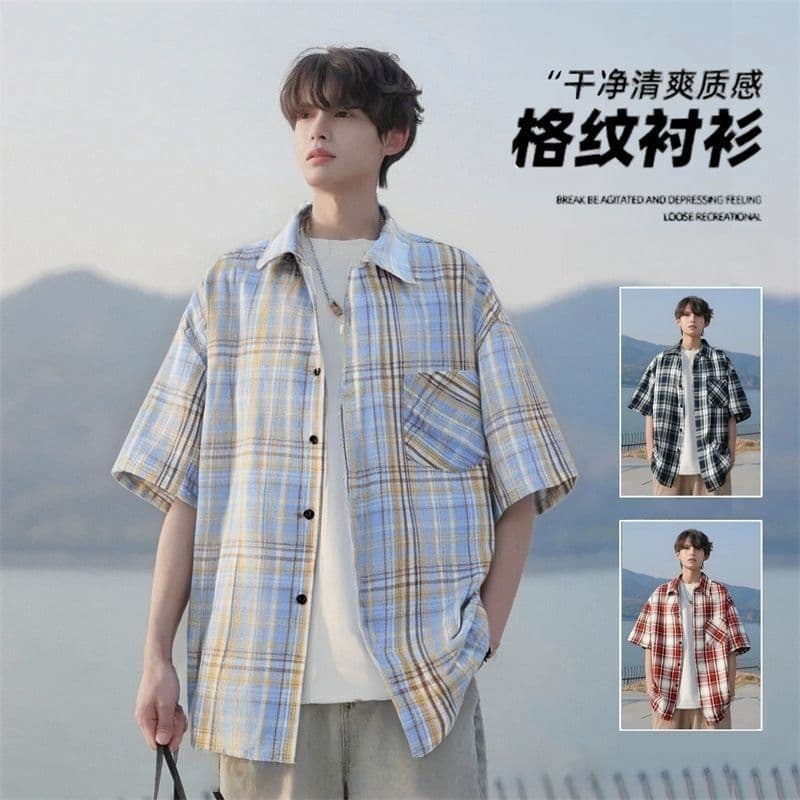 Cross-Border Plaid Short-Sleeved Shirt for Men, Summer New Style, Trendy American-Style Plaid Half-Sleeved Jacket, Casual Loose Thin Top