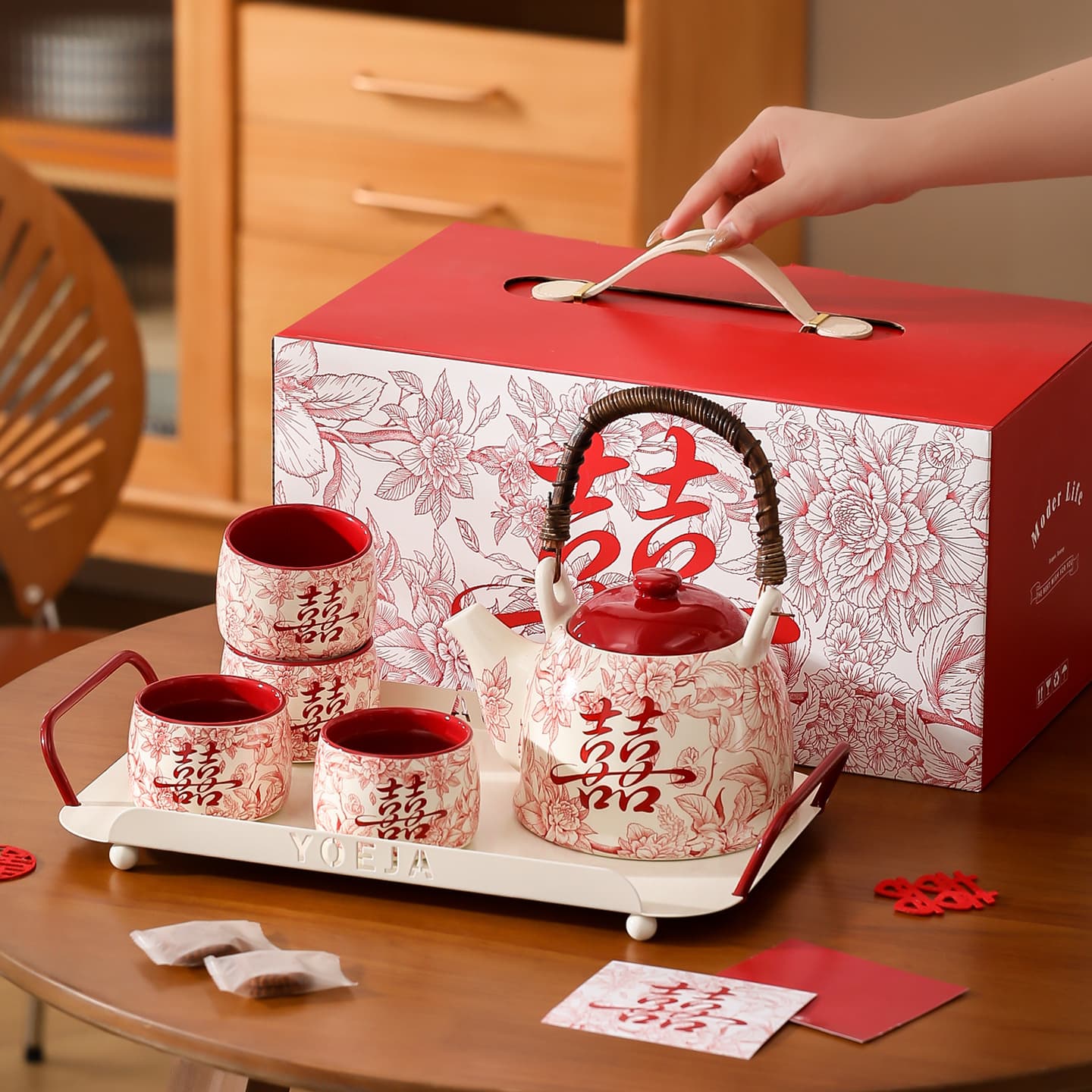 Modern Housewife Ceramic Waterware Gift Box, Wedding Present for Newlyweds, Festive Marriage or Engagement Souvenir Set