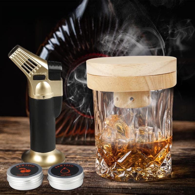Home bar cocktail whiskey tools with wooden handle and stainless steel smoke infuser