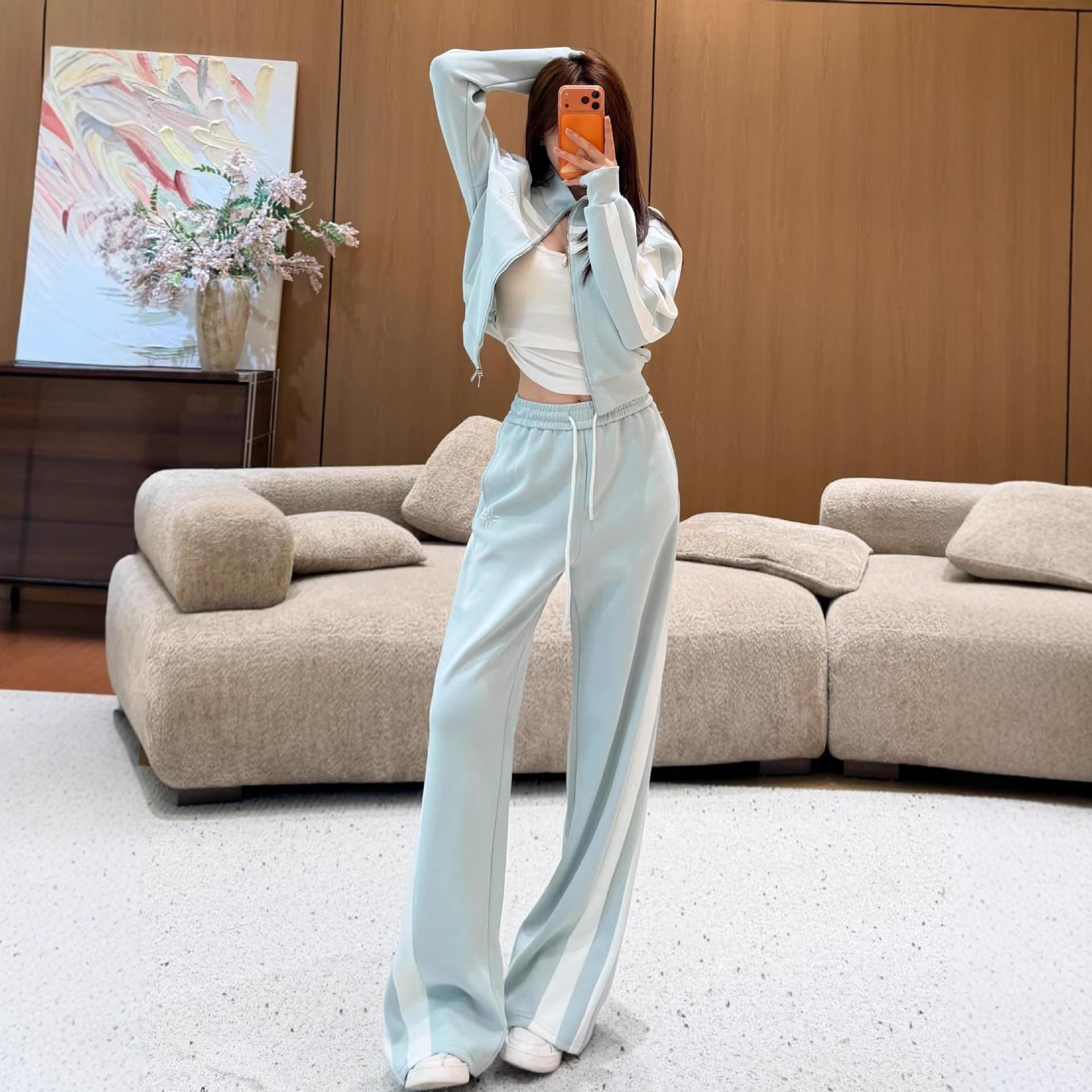 Fashion Casual Sportswear Set Long Sleeve Zip-Up Cardigan Contrast Color High-Waist Wide-Leg Pants Women's Two-Piece Set