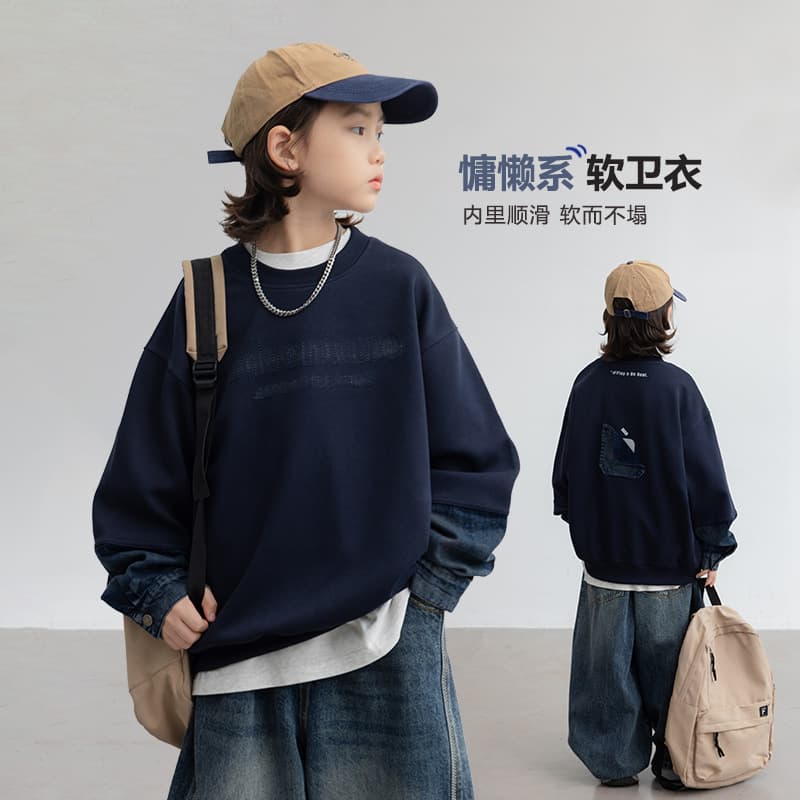 Boys' Faux Two-Piece Hoodie Spring/Fall 2026 Korean Style Kids' Autumn Base Layer Long-Sleeve Top