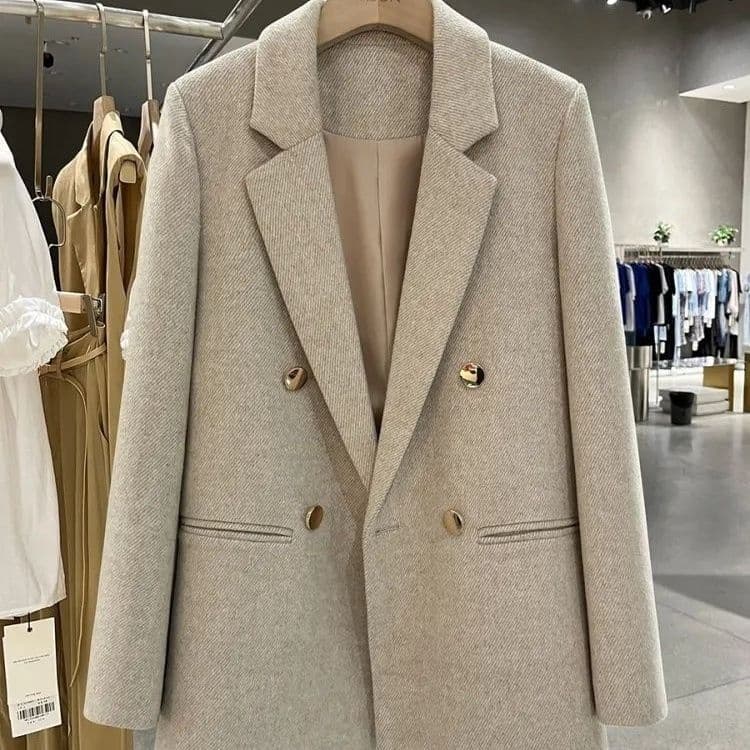 Autumn/Winter New Beige Gray Metal Button Blazer for Women, British Style Versatile Suit