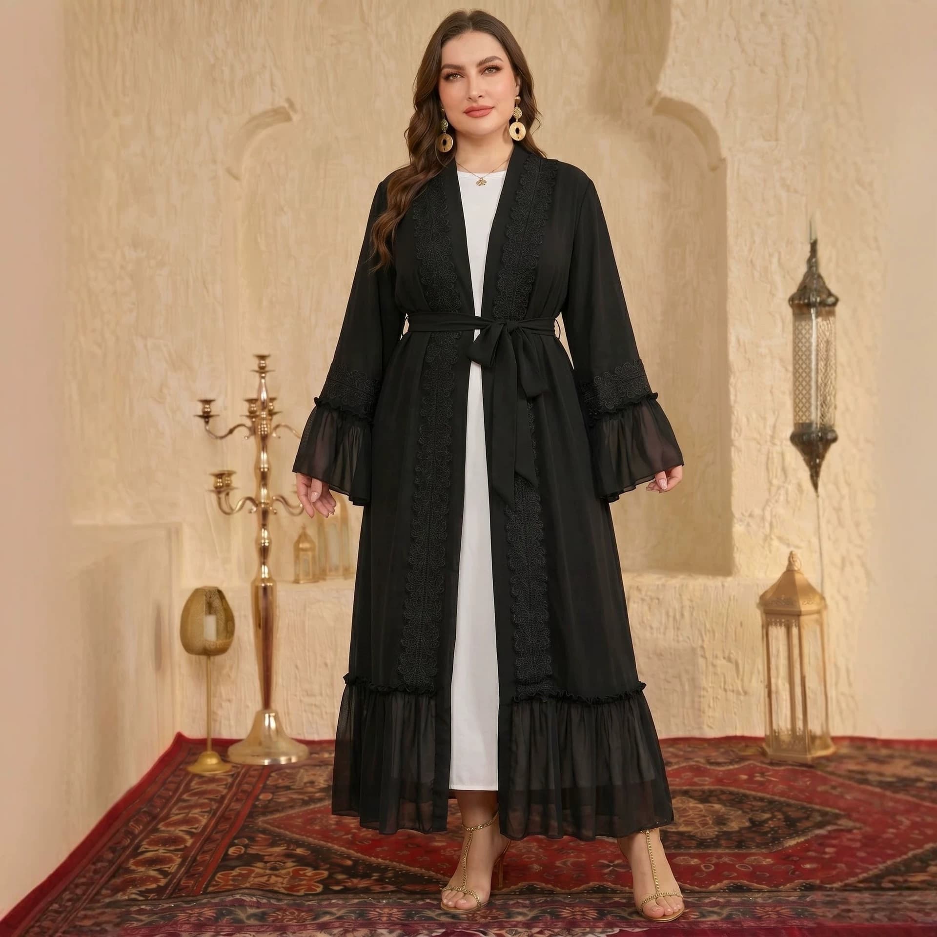 Plus Size Ethnic Style Long Loose Dress with Lace Trim Chiffon Cardigan Black Robe Traditional Regional Flair