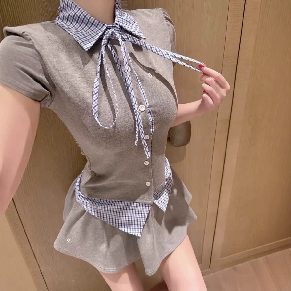 Sub-stitched fake two-piece doll collar puff sleeve T-shirt + pleated short flower bud two-piece suit for women summer formal wear