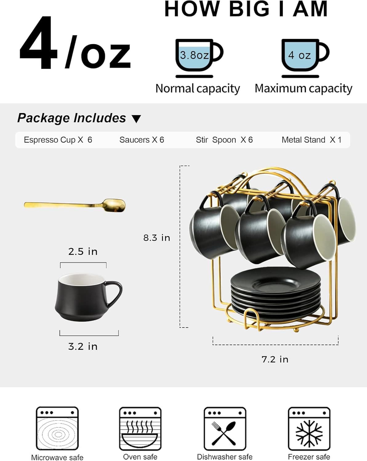 4oz Black Ceramic Small Coffee Cup Set of Six Pieces, Including Cup, Saucer, Spoon, Storage Rack, Commercial Coffee Utensils, Gift