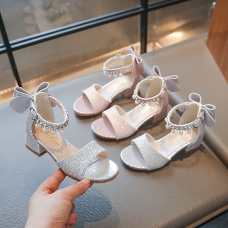 Girls Princess Sandals 2026 Summer Bow Rhinestone Wedge Heel Children's Shoes for Dress Shoes High Heels