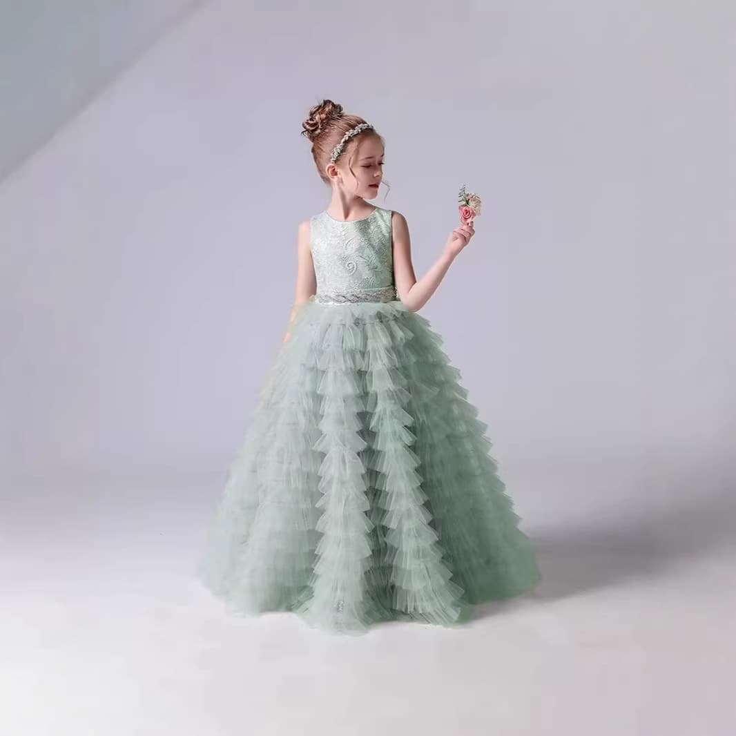 Green children's evening dress piano performance flower girl performance dress girl baby birthday dress princess dress