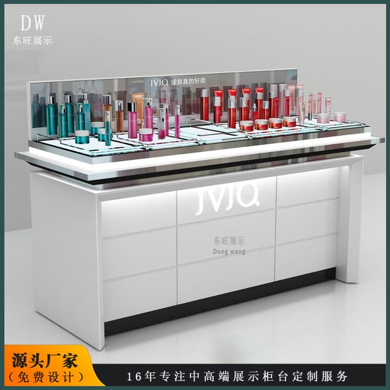 Turnkey solutions for supermarkets: display shelves, supermarket islands, cosmetics promotional counters, brand chain stores, and jewelry island cabinets.