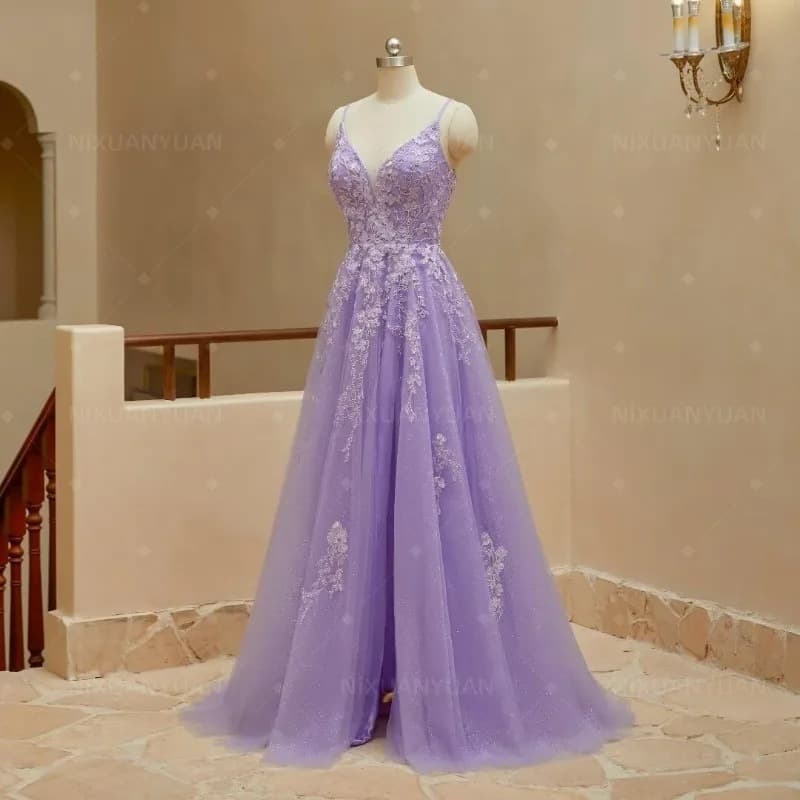 Tulle Lace Appliqué Ball Gown Women's Long Ball Gown Spaghetti Strap Bustier Backless Evening Gown