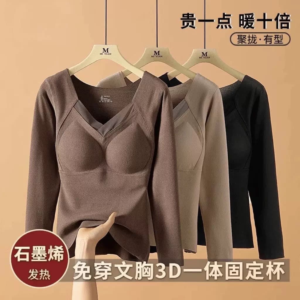 Popular graphene thermal base layer top with fixed cups, long-sleeved thermal top, one-piece cup design, suitable for layering and thermal underwear.