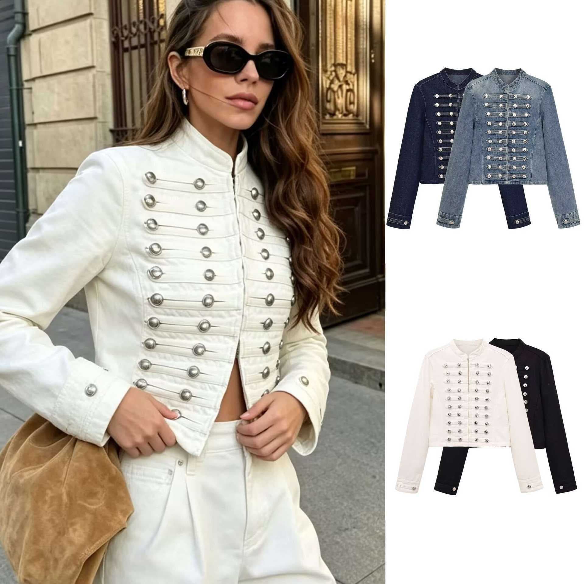 European and American cross-border women's retro stand-collar double-breasted metal-button autumn jacket