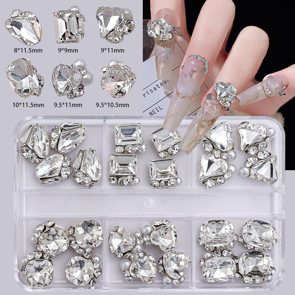 24-piece set of plain water manicure with pile of diamonds, popular nail accessories, crooked heart, fat square and transparent white diamonds in nail salon box