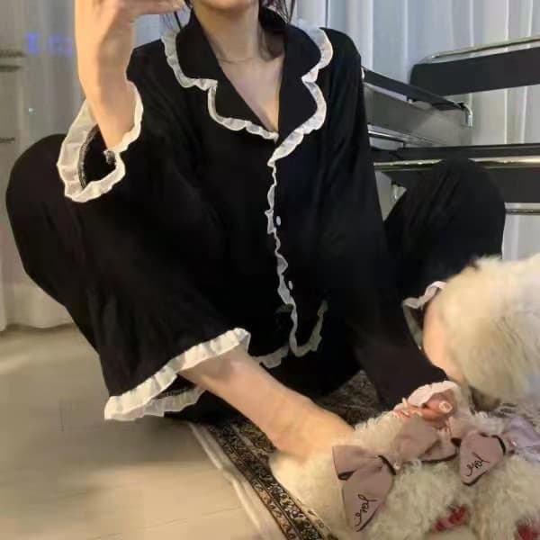 Ins Style New Lace Pajamas for Women Spring Autumn Korean Simple Long Sleeve Long Pants Casual Homewear Two-Piece Set