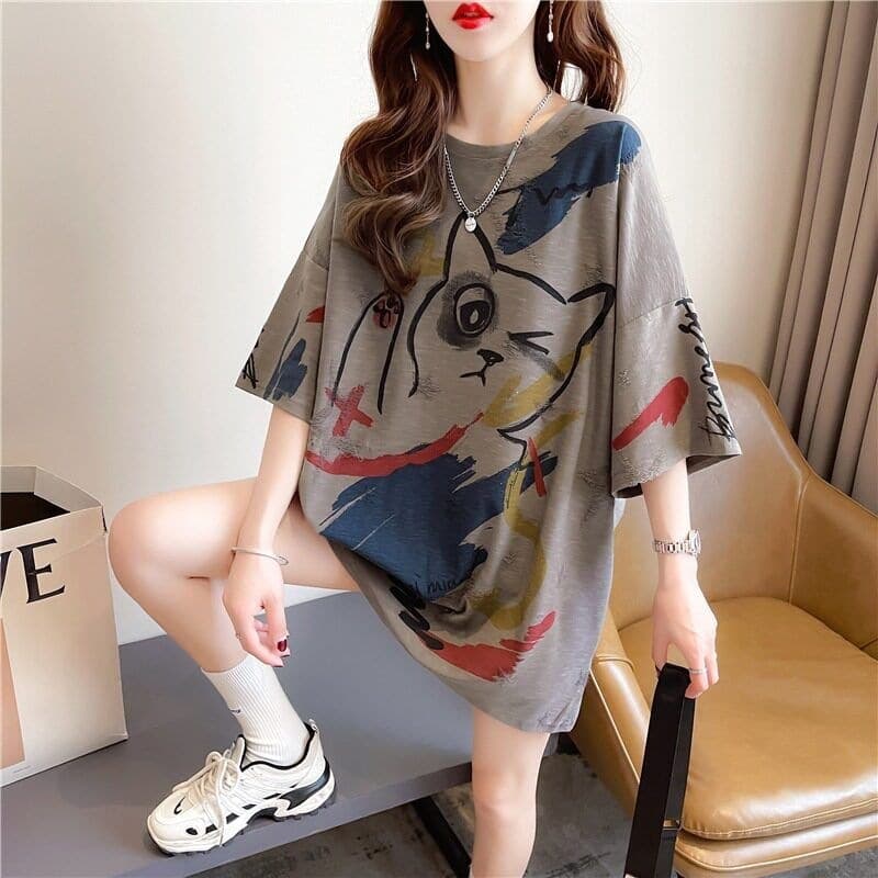 Tummy-Concealing Slimming Mid-Length Short-Sleeve Stylish Loose Half-Sleeve T-Shirt for Women, New Summer 2026 Top