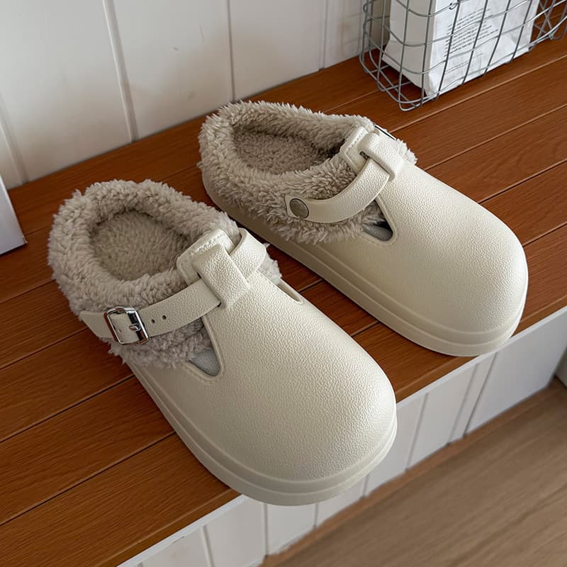 Women's Thick-Soled Fleece-Lined Birkenstock-Style House Slippers, Mules, Warm Shoes, Postpartum Shoes, Closed-Toe Slides