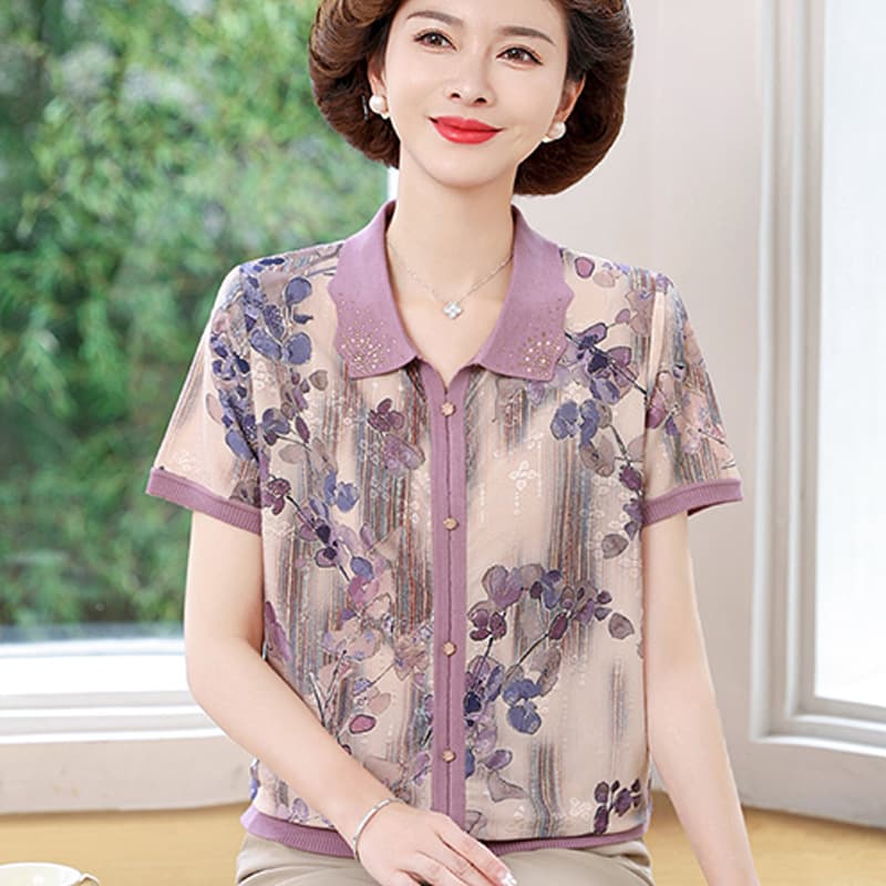 Women's Summer Short-Sleeve T-Shirt, Fashionable Turn-Down Collar, Ice Silk Blouse, Thin Printed Top Set for Middle-Aged and Elderly