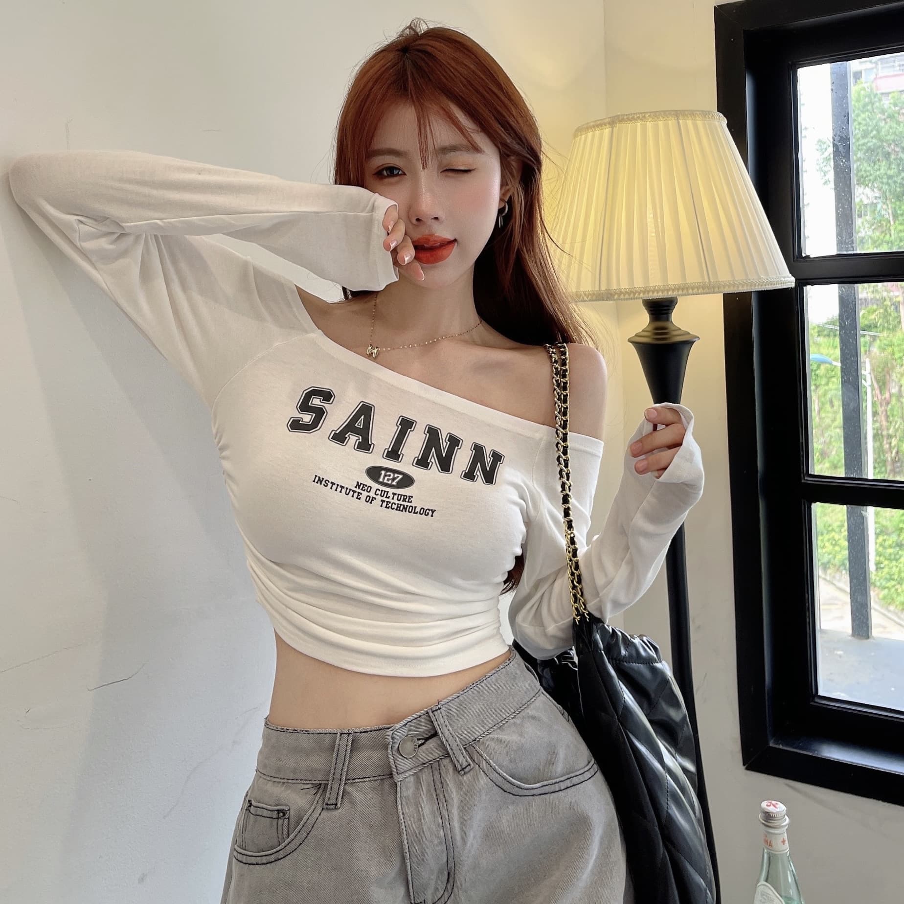 Korean version of one-shoulder pure cotton T-shirt for women who want to be hot, salty or sweet, long-sleeved, slim, sexy and slim short top