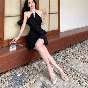 Audrey Hepburn Style Chain Halter Camisole Dress for Women, 2026 Summer New Black Dress Short Skirt Off-Shoulder Ruffle Dress