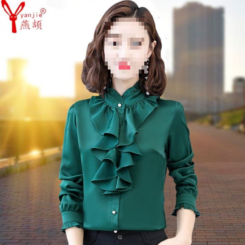 New style chiffon blouse for women, autumn and winter, long-sleeved shirt, elegant, ruffled, fashionable, fleece-lined, thickened top with stand collar.