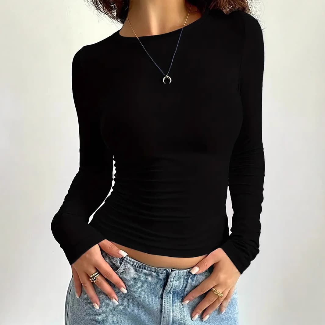 European and American cross-border trade round neck base shirt, slim fit, elegant, long sleeve, outerwear base top