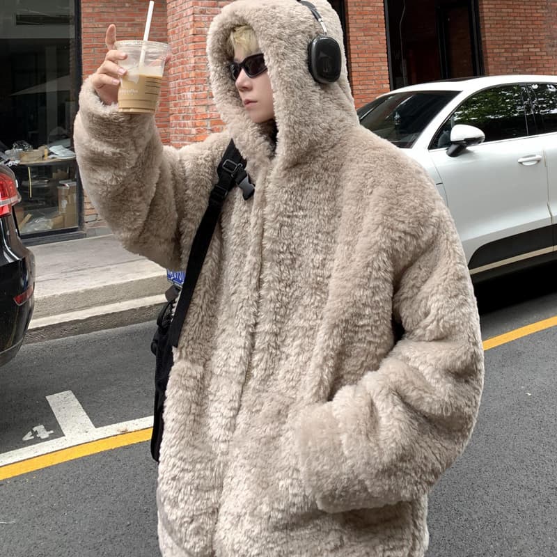 Winter Lamb Wool Coat with Hooded Fleece for Men, Korean Style Loose Fit Warm Thickened Jacket
