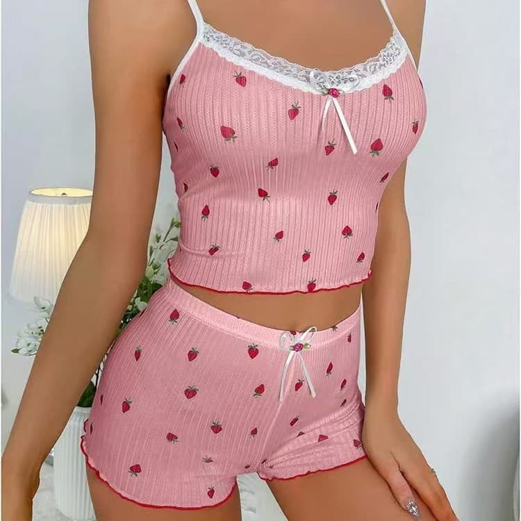 New Printed Ribbed Women's Bow Camisole and Shorts Two-Piece Set with Strawberry Print and Lace Trim