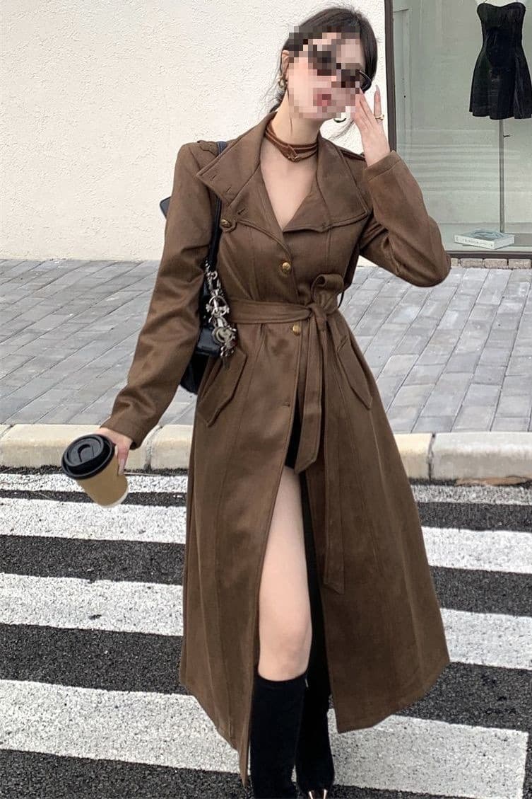 New fashionable autumn and winter stand-up collar loose long leather jacket with loose straps windbreaker jacket for women