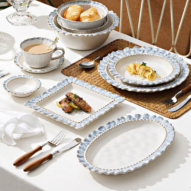 Smoky Blue Ceramic Dinnerware Set Plates Bowls Dishes Multi-Person Rice Bowls Serving Plates Deep Plates Soup Bowls Set for Home