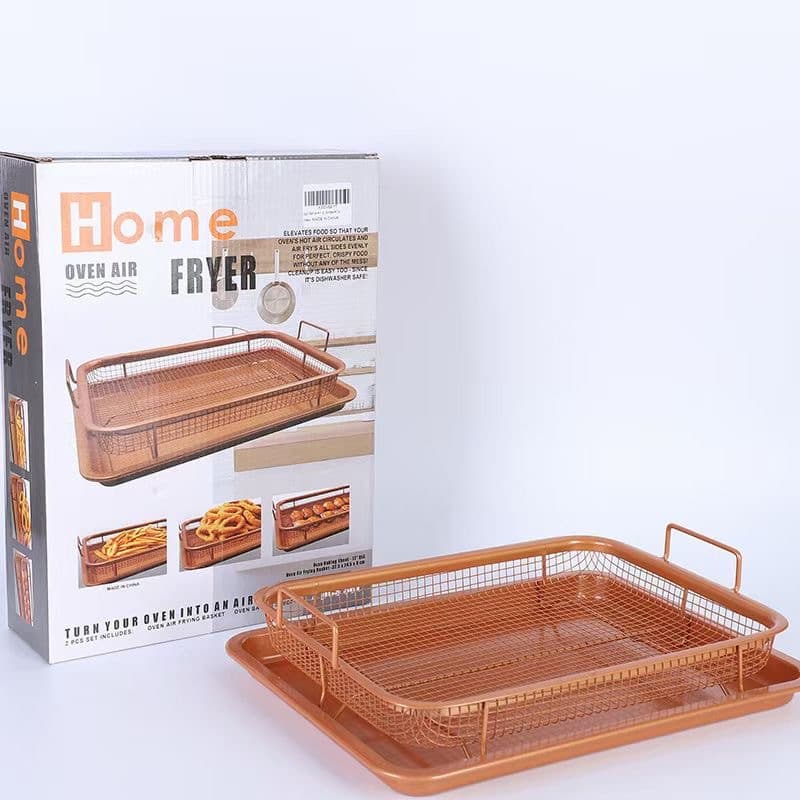 Set Copper-Plated Blued Stainless Steel Square Grilling Basket, Multi-Color with Base Plate, Grill Pan Set Food Basket