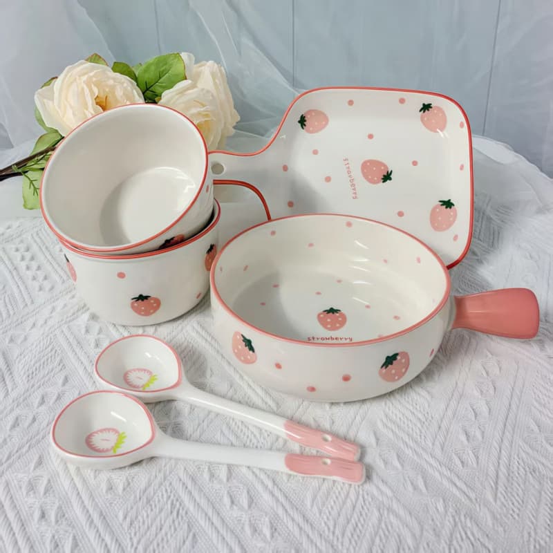 New Berry Bowl and Plate Set Ceramic Bowls for Home Kitchen Cute Underglaze Rice Bowl and Chopsticks Combo Dinnerware Set
