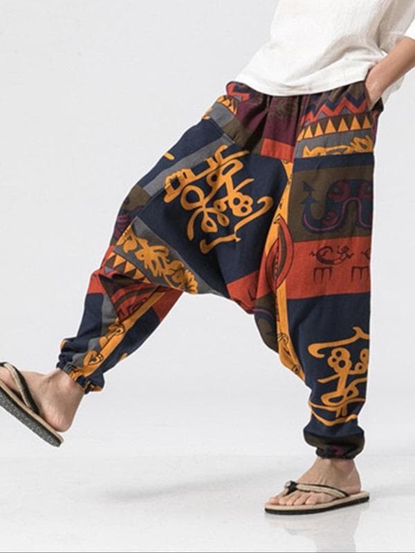 Men's Tribal Pattern Tie Waist Harem Boho Casual Comfy