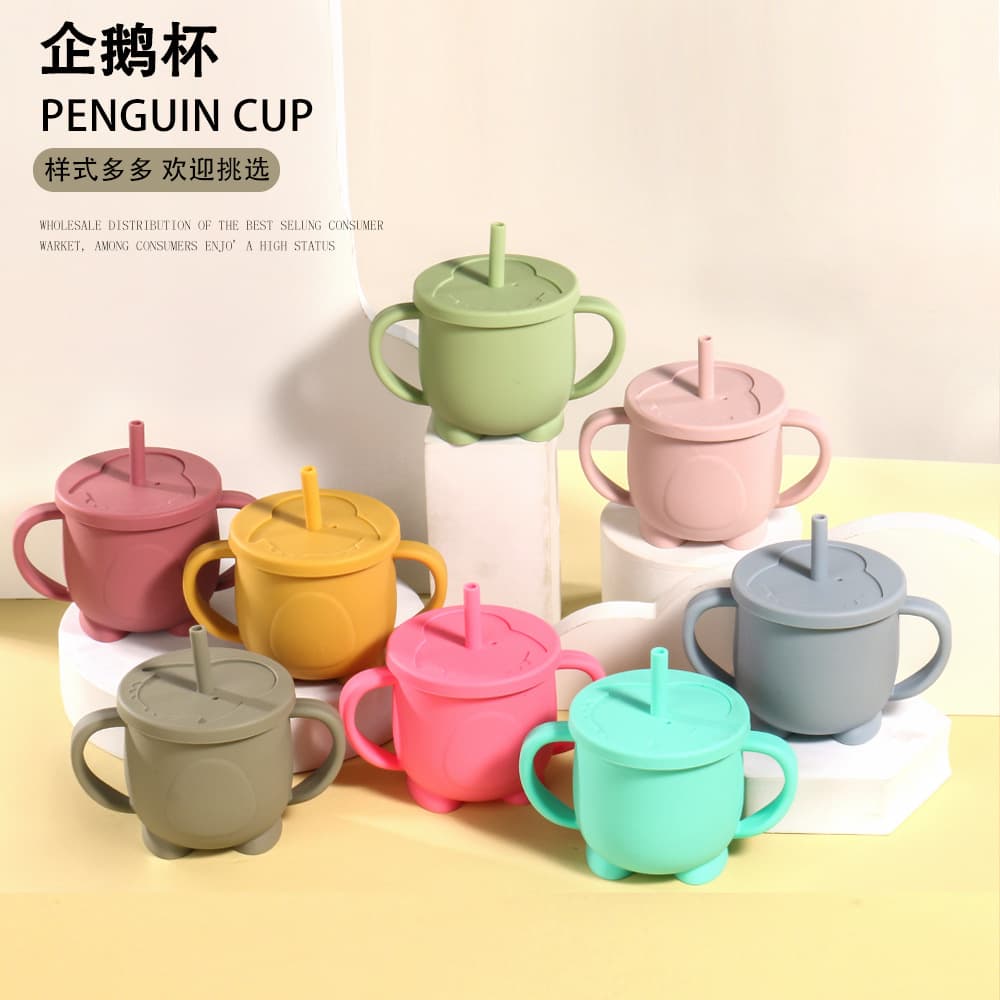 Factory Baby Silicone Double-handle Straw Cup Drop-resistant Heat-resistant Infant Drinking Cup Penguin Water Cup Feeding Tableware