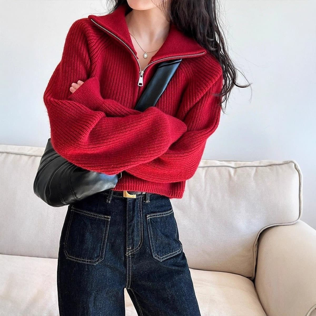Women's Designer Semi-Turtleneck Zip Red Knit Top, Short Spring New High-Waist Sweater, Loose and Thickened Blouse
