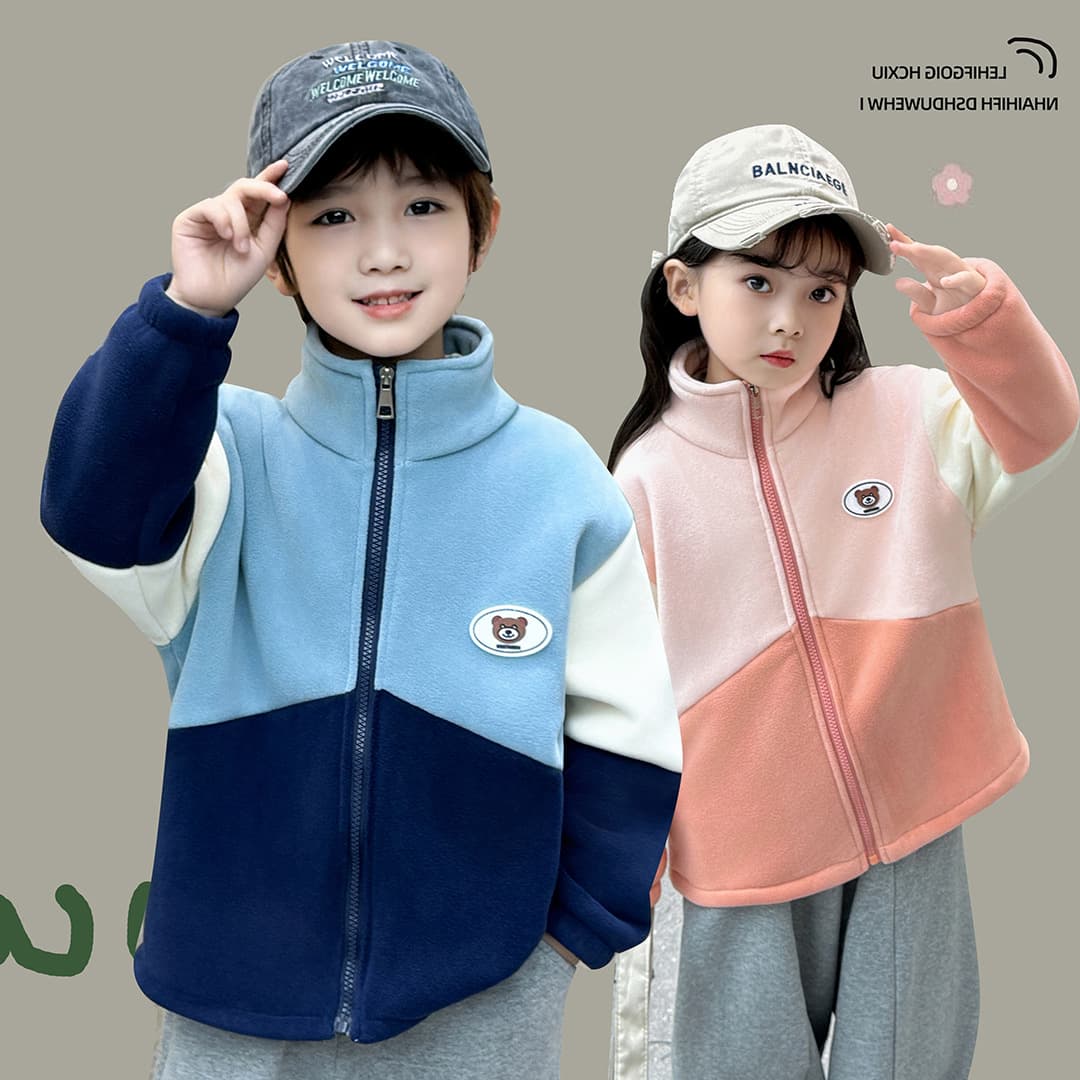 Olympus fleece jacket for babies and children, thickened fleece lining, new autumn and winter style, color-blocked zip-up top for boys and girls.