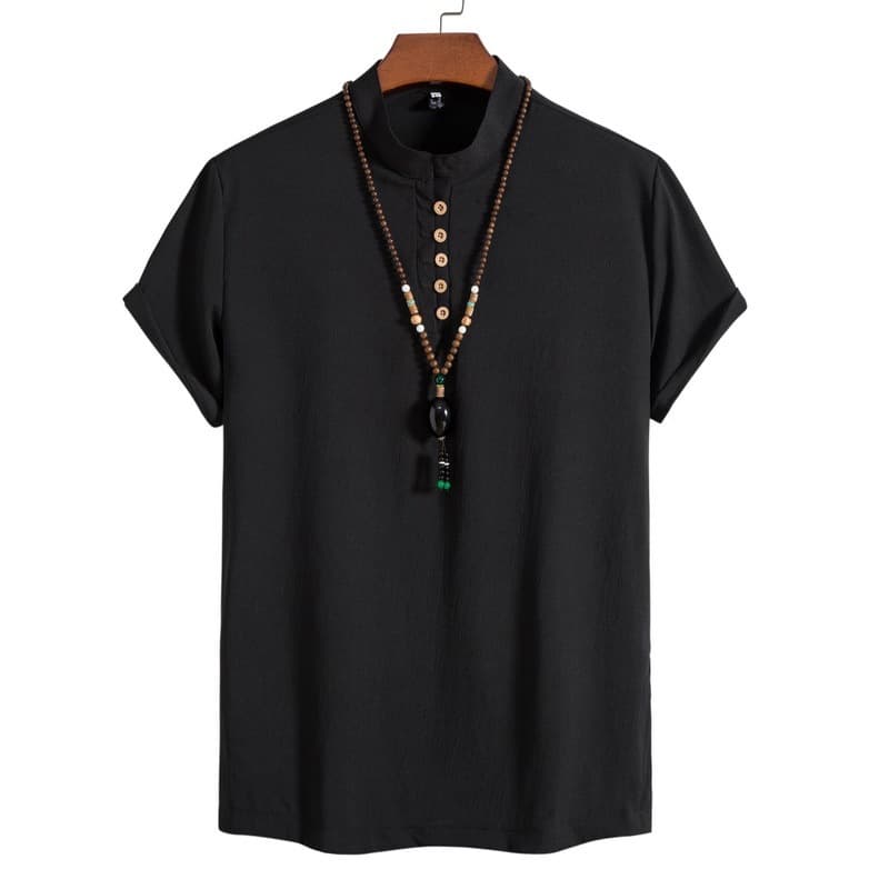 New Export Summer Men's Solid Slim Linen-Cotton Shirt Vintage Big Size Stand Collar Short Sleeve T-Shirt Top
