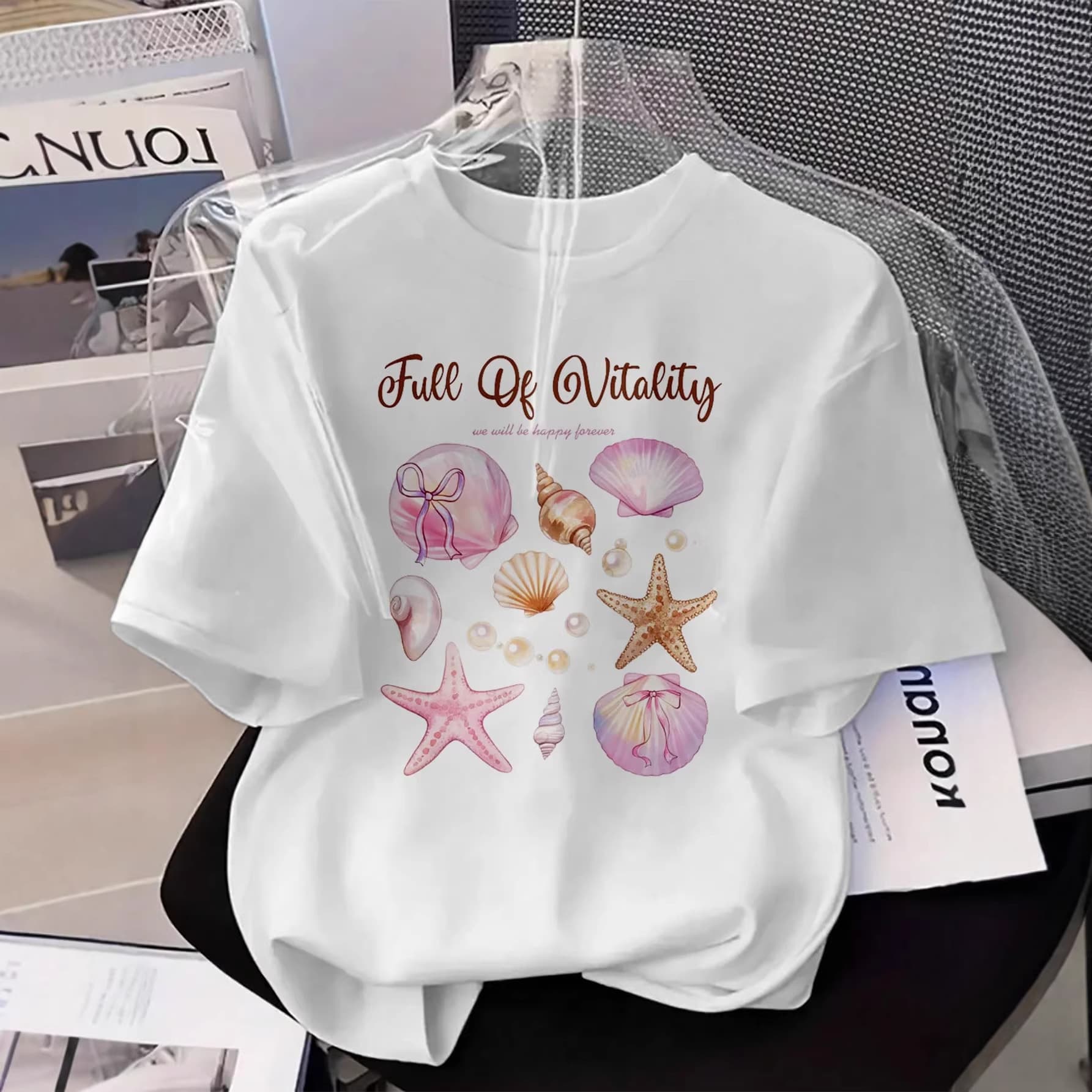 Cross-Border European and American Summer New Style Shell and Starfish Print Short-Sleeved T-Shirt for Women, Sweet Holiday Style Loose Round Neck Top